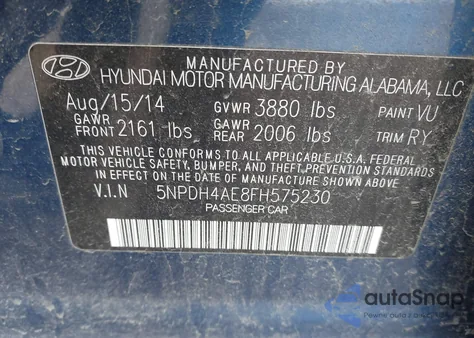 2015 Hyundai Elantra Se from USA, damaged, VIN 5NPDH4AE8FH575230